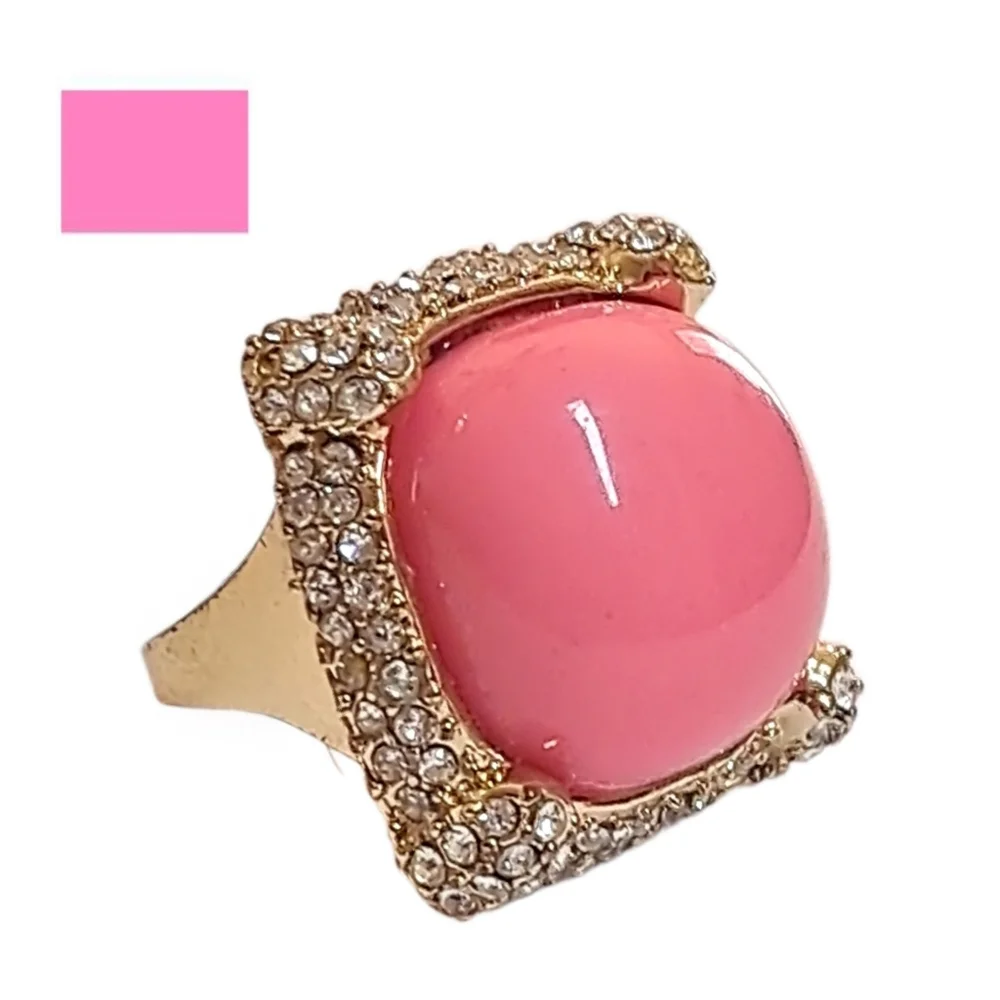 Vivid Hot Pink Faux Stone Gold Tone Ring with Rhinestones | Size 7